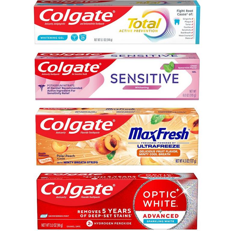 On any TWO (2) Colgate Optic White Advanced, Purple, Charcoal or Sensitivity Relief, Colgate Sensitive, Max Fresh Fruit Fusion (4.5oz), Total (5.1oz), Gum Protect, Plaque Cleanse or Sensitivity Mineral Shield Toothpastes