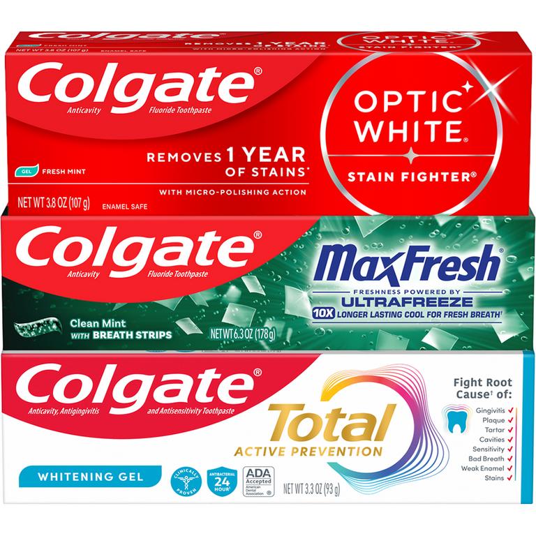 On any TWO (2) Colgate Total (3.3oz ), Optic White Stain Fighter (3.8oz) or Max Fresh Toothpastes (4.6oz or larger; excludes 3pk Toothpastes)