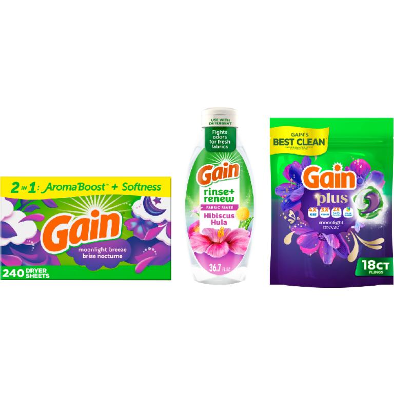 ONE Gain® Liquid Laundry Detergent 61 Load/81 oz., Plus Liquid Laundry Detergent 45 Load/60 oz., Flings!™ 31 ct., Plus Super Flings!™ 18 ct., Liquid Fabric Softener 136 Load/100 oz., Fireworks™ 10.7-12.2 oz., Sheets 240 ct., or Rinse 36.7 oz. Assorted
