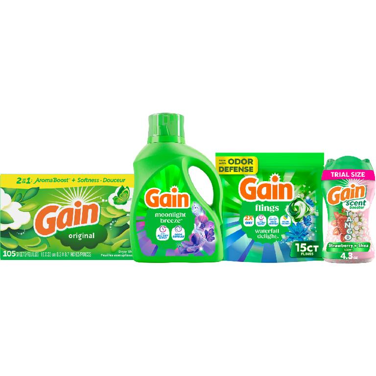 TWO Gain® Liquid Laundry Detergent 29 Load/39 oz., Flings!™ 15 ct., Liquid Fabric Softener 48-60 Load/35-44 oz., Fireworks™ 4.3-5 oz., Sheets 105 ct. Assorted. Reg. $3.95-$5.00. Must buy 2.