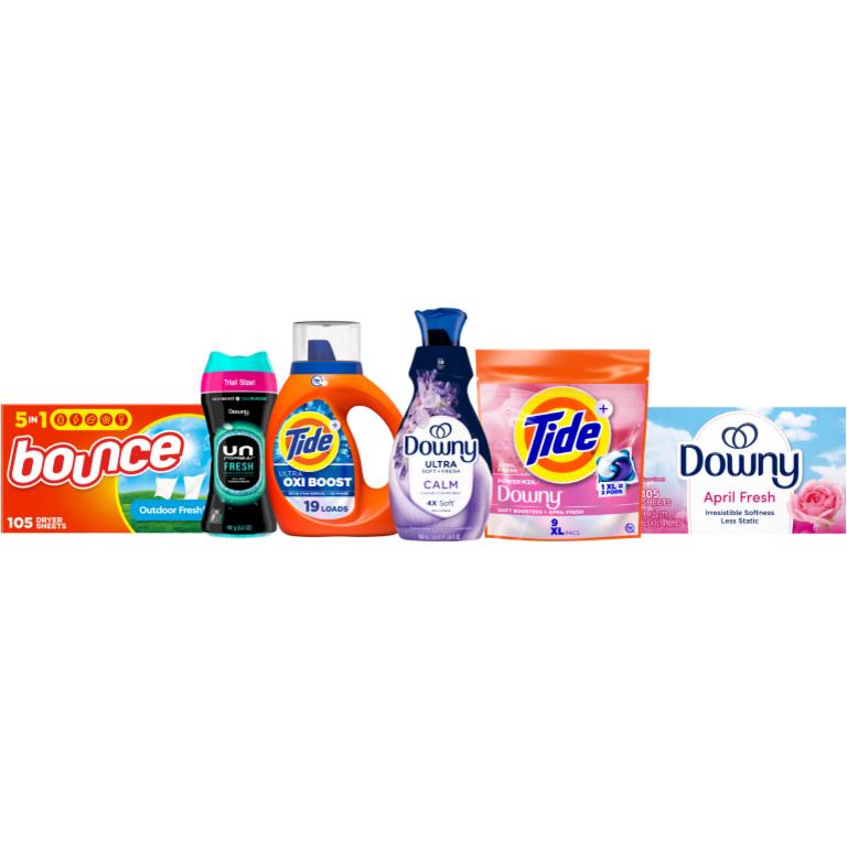 on ONE Tide® Liquid Laundry Detergent 19-25 Load/27-29 oz., Pods™ 14 ct., Power Pods™ 9ct., or Downy® Beads 4.8-5.0 oz., Sheets 105 ct., Mega Sheets 50 ct., Liquid Fabric Softener 60 Load/44 oz., Ultra Soft Liquid Fabric Softener 39 Load/26 oz., or Bounce® Sheets 105 ct., Pet Mega Sheets 50 ct. Assorted. Reg. $5.00-$5.50.
