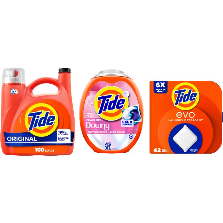 on ONE Tide® Power Pods™ 45 ct., Liquid Laundry Detergent 83-100 Load/117-125 oz., evo™ 42ct Assorted