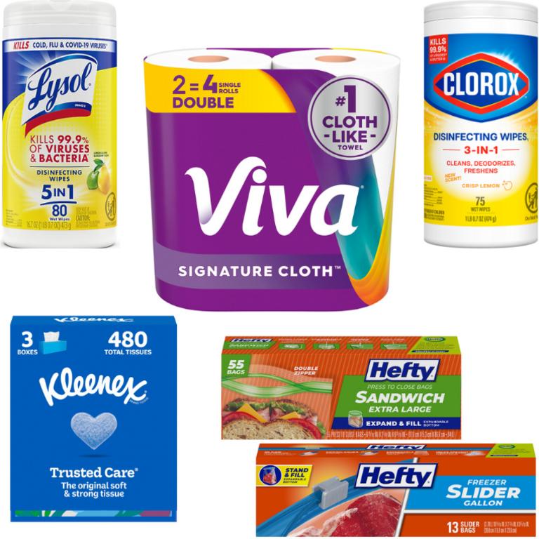 when you spend $15.00 on ANY Hefty Storage Bags Quart or Gallon 13 - 28ct or Sandwich Bags 55ct, Clorox Disinfecting Wipes 75ct, Lysol Disinfecting Wipes 80ct, Kleenex® Facial Tissue 3pk/160ct or Viva® Signature Cloth Paper Towels 2pk Double Rolls/
