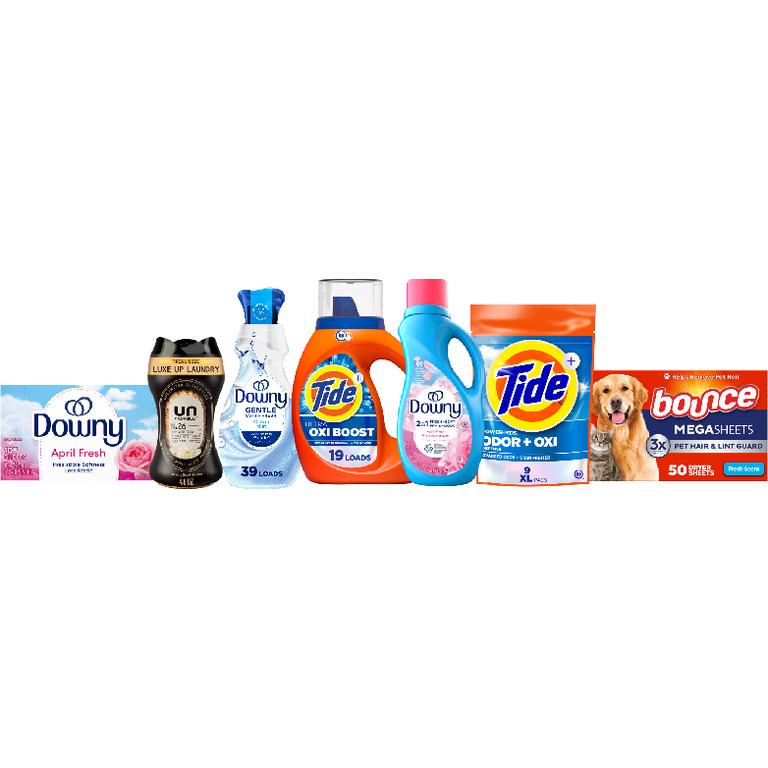 TWO Tide® Liquid Laundry Detergent 19-25 Load/27-29 oz., Pods™ 14 ct., Power Pods™ 9ct., or Downy® Beads 4.8-5.0 oz., Sheets 105 ct., Mega Sheets 50 ct., Liquid Fabric Softener 60 Load/44 oz., Ultra Soft Liquid Fabric Softener 39 Load/26 oz., or Bounce® Sheets 105 ct., Mega Sheets 50 ct. Assorted. Reg. $5.00-$5.50. Must buy 2.