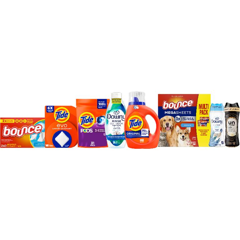 ONE Tide® Liquid Laundry Detergent 39-48 Load/55-63 oz., Pods™ 31 ct., Power Pods™ 18 ct., evo™ 16 ct. Assorted, or Downy® Liquid Fabric Softener 136 Load/100 oz, Ultra Soft Liquid Fabric Softener 83 Load/56 oz., Beads 10.7-12.2 oz., Rinse 36.7 oz., or Bounce® Sheets 240 ct., Mega Sheets 130 ct. Assorted