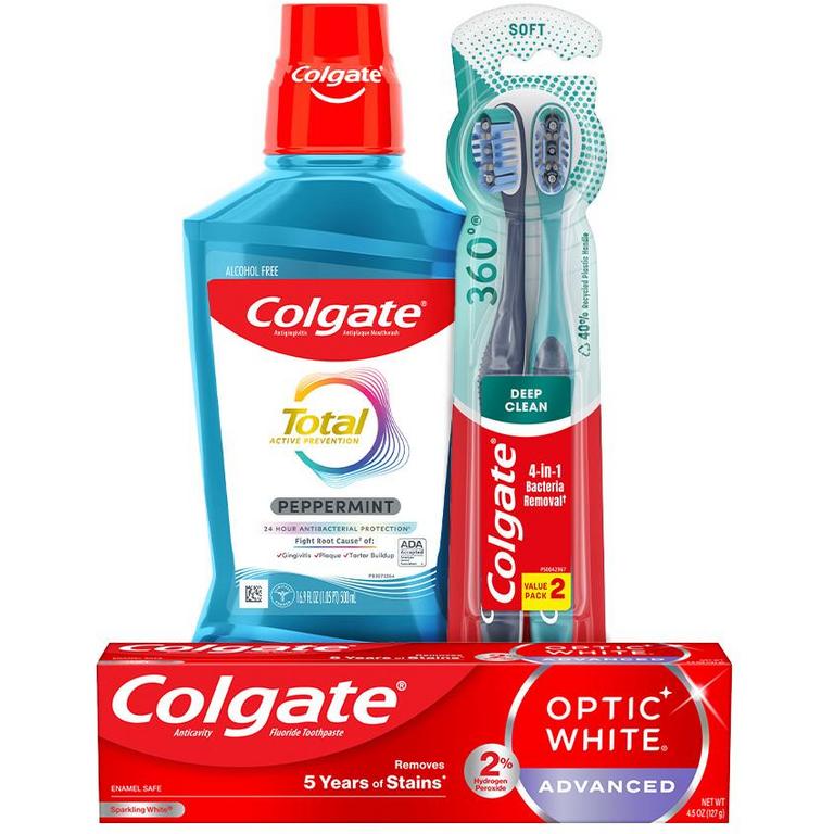 On any FOUR (4) Colgate Total, Max Fresh, Sensitive, Optic White Advanced, Stain Fighter, Purple or Charcoal Toothpastes (select varieties, 3oz or larger, excludes 3pks); Colgate 360°, Total, Gum Health, Expert or Optic White Manual Toothbrushes; Mouthwashes or Mouth Rinses (16oz or larger)/