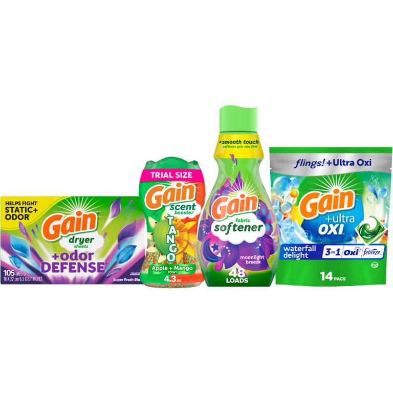 Buy THREE Gain Fireworks 4.3-5 oz., Flings 14 ct., Liquid Fabric Softener 48 Load/35 oz., or Sheets 105 ct. Reg. $4.50 ea. (Must buy 3)/