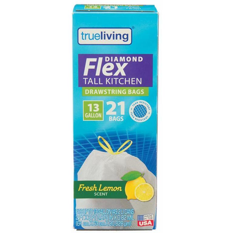 Save $1 on True Living Kitchen Bags Drawstring 13g/21-23ct, Trash Bags 30g/14ct or Lawn 7 Leaf 39g/11ct/