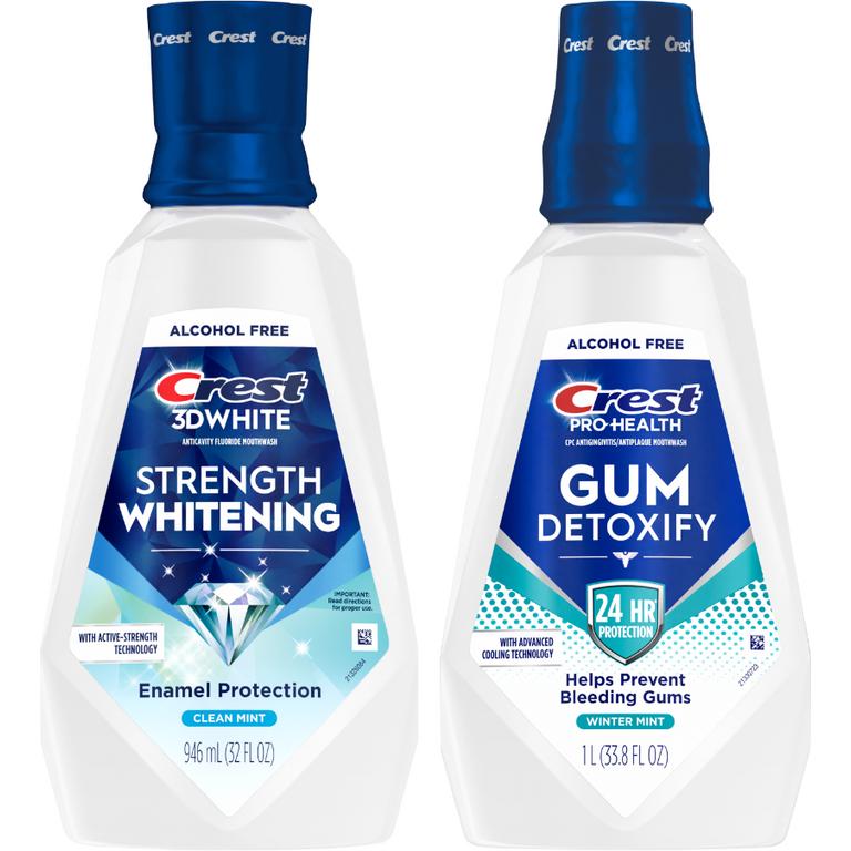 ONE Crest 3DWhite Brilliance Stain Prevention 473mL or 3DWhite Clean, 3DWhite Fresh or 3DWhite Strength or Pro-Health Extra Whitening or Gum Detoxify or Gum Restore or Clinical Deep Clean or All Day Clean Breath or Nightly Bacteria Shield 946mL or larger (excludes trial/travel size)./