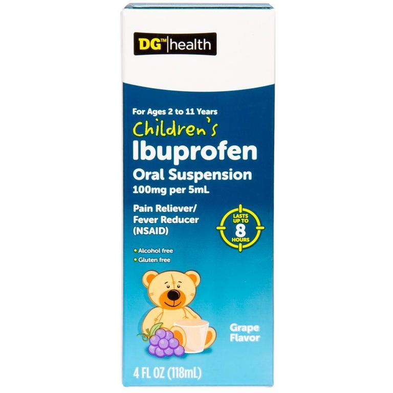 Save $0.50 on DG Health Children's Ibuprofen Liquid Berry or Grape 4oz or Rexall Children's Ibuprofen Dye Free Berry 4oz or Junior Strength Chewables Grape 24ct/