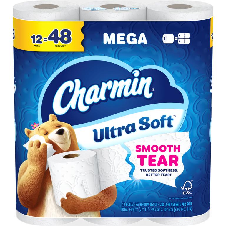 ONE Charmin Ultra Toilet paper product 4 roll count or larger (excluding 9 MEGA Roll, 9 MEGA XL Roll, 12 MEGA, 6 MEGA XL Roll, 8 MEGA XL Roll, 18 MEGA XL, 24 MEGA XL Roll, 12 MEGA XXL Roll pack sizes, Charmin Essentials, Charmin Forever Roll and trial/ travel size)/