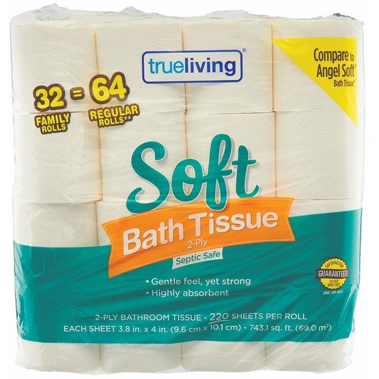 Save $0.50 on True living Soft Bath Tissue Unscented 32 Double Rolls/