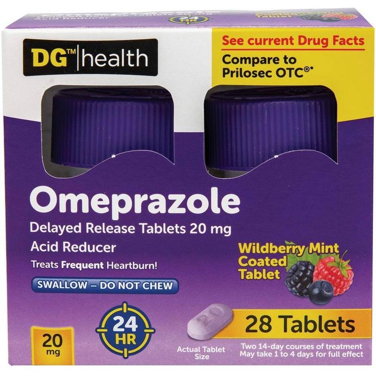 Save $1.50 on DG Health Heartburn Prevention Maximum Strength 20mg Tablets 200ct, Omeprazole Tablets or Esomeprazole Capsules 20mg 28ct/