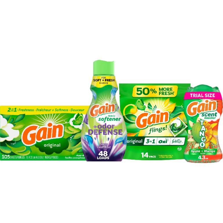 FOUR Gain Fireworks 4.3-5 oz., Flings 14 ct., Liquid Fabric Softener 48 Load/35 oz., or Sheets 105 ct. Reg. $4.50 ea. (Must buy 4 forms)/