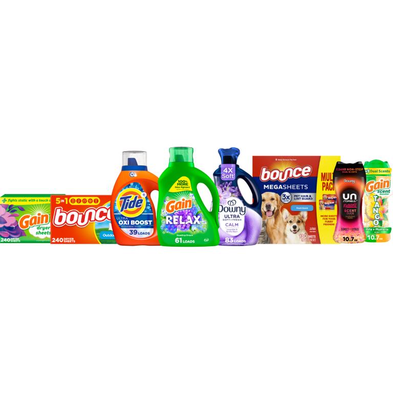ONE Gain Liquid Laundry Detergent 61 Load/88 oz., Flings 31 ct., Super Flings 18 ct., Liquids Fabric Softener 136 Load/100 oz., Fireworks 10.7 oz. or 12.2 oz., Sheets 240 ct., or Tide Power Pods 18 ct., Pods 31 ct., Liquid Laundry Detergent 39-48 Load/55-63 oz., or Downy beads 10.7 oz. or  12.2 oz. or 13 oz., Liquid Fabric Softener 136 Load/100oz, Ultra Soft Liquid Fabric Softener 83 Load/56 oz, or Bounce Sheets 240 ct., or Pet Dryer Mega Sheets 130 ct. Reg. $9.95/