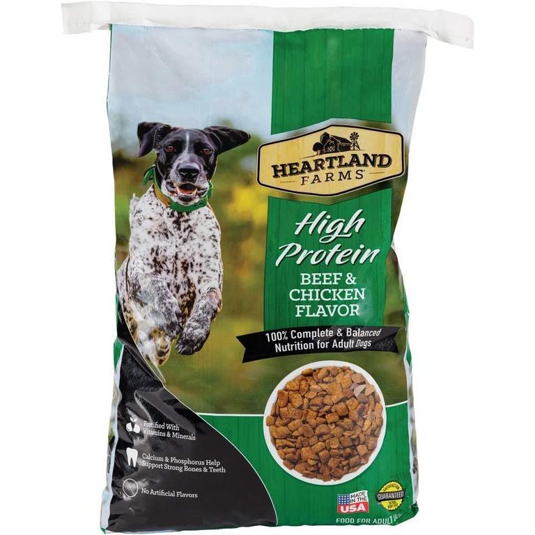 Save $1 on Heartland Farms Dog Food Tender & crunchy or High Protein Beef & Chicken 12lb or Steak and Vegetable or T-Bone & Bacon 15lb/