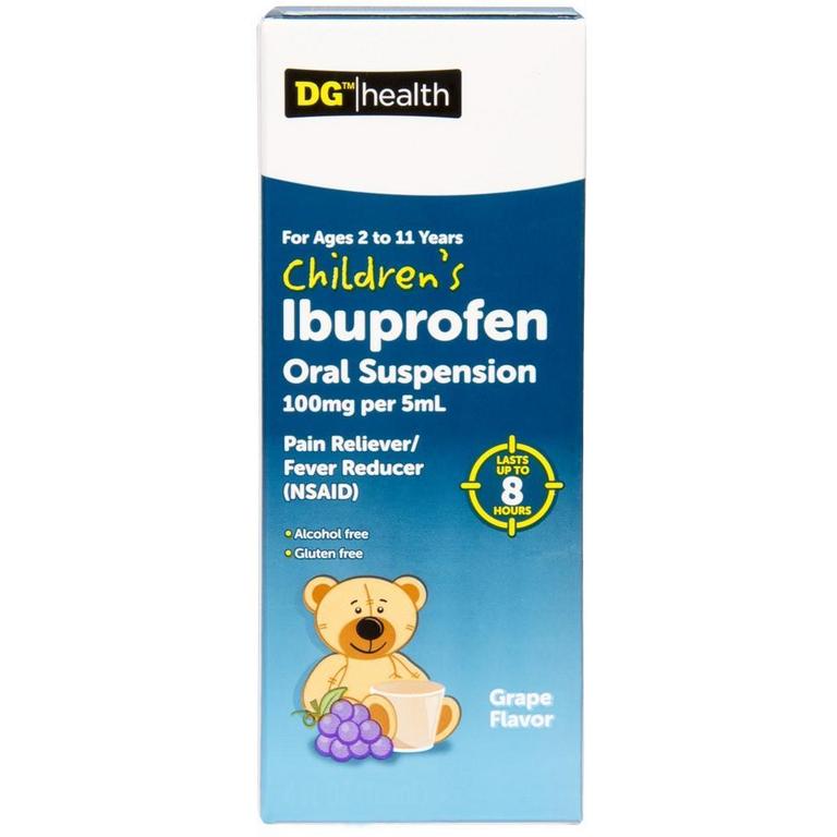 Save $0.75 on DG Health Children's Pains & Fever Cherry or Grape Liquid 8oz, Infants Ibuprofen Berry 0.5oz or Ibuprofen Liquid Berry 4oz or Rexall Children's Ibuprofen Dye-Free Liquid Berry 4oz/