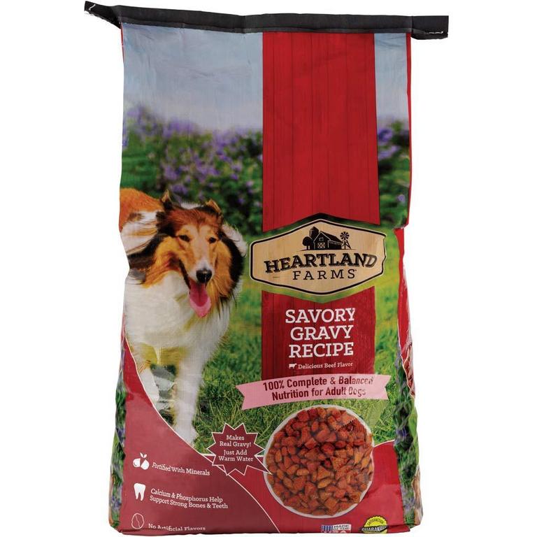 Save $1 on Heartland Farms Dog Food Savory Gravy 30lb, Tender & crunchy 24lb or Grilled Favorites 28lb/