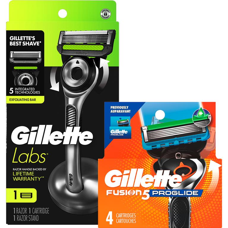 ONE GilletteLabs Razor Pack with 1-4ct cartridge refill, OR ONE Proglide Razor Pack with 3-5ct cartridge refill, OR ONE Fusion5 Razor Pack with 4-7ct cartridge refill, OR ONE Skinguard Razor Pack with 4ct cartridge refill, OR ONE Mach3 Razor Pack with 5-6ct cartridge refill, OR ONE Gillette 4ct cartridge refill pack: Fusion5, Proglide, Intimate, OR GilletteLabs, OR ONE Gillette 8ct cartridge refill pack: Mach3 (excludes disposables and Venus Products)./