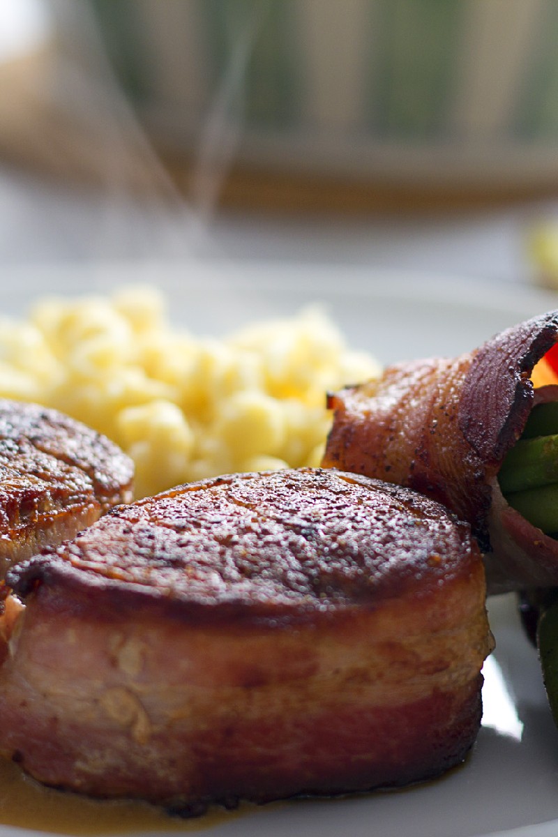 Bacon Wrapped Beef Tenderloin Steaks with Spinach and